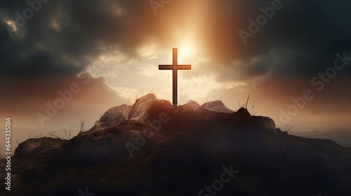 A cross on a hill at sunrise.