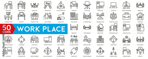 Work place icon set. Containing briefcase, desk, computer, meeting, employee, schedule and co-worker symbol. Solid workspace icons vector collection.