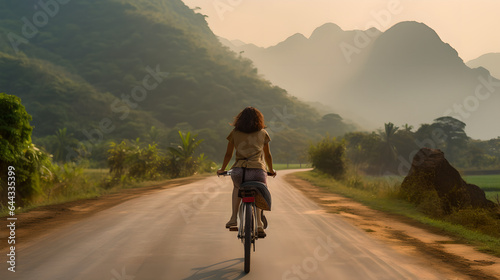 Back view of young woman riding bike on mountain road, pretty smile asian woman riding bike on mountain road with beautiful landscape