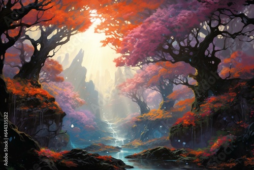 Artwork featuring enchanting trees and mystical landscape. Generative AI