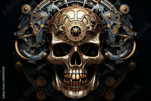 Detailed gears-adorned steampunk skull against dark backdrop. Generative AI