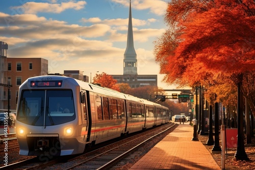 View of King Street - Old Town WMATA Metro Station and George Washington Masonic Temple in Alexandria, Virginia, with an Amtrak train in the foreground on a fall afternoon. Generative AI photo