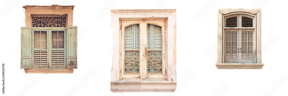 Shut vintage window of old house on older street in city center Ancient building in monochrome transparent background