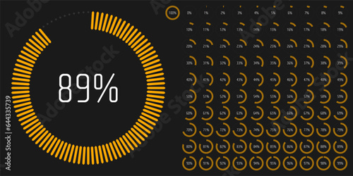 Set of circle percentage diagrams (meters) from 0 to 100 ready-to-use for web design, user interface (UI) or infographic - indicator with yellow