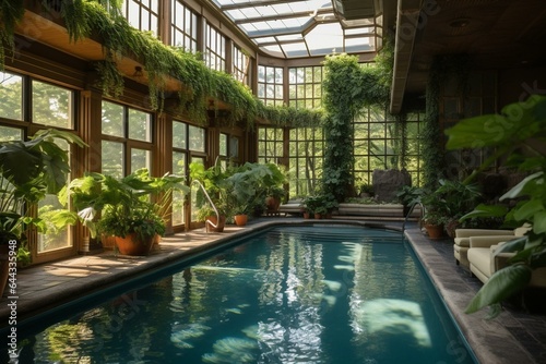 An indoor pool amidst greenery and sunlight. Generative AI © Amaya