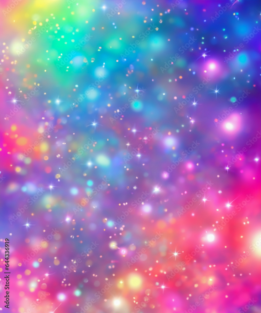 Fototapeta premium Fantasy background. Holographic illustration in pastel colors. Bright multicolored sky with stars and bokeh.