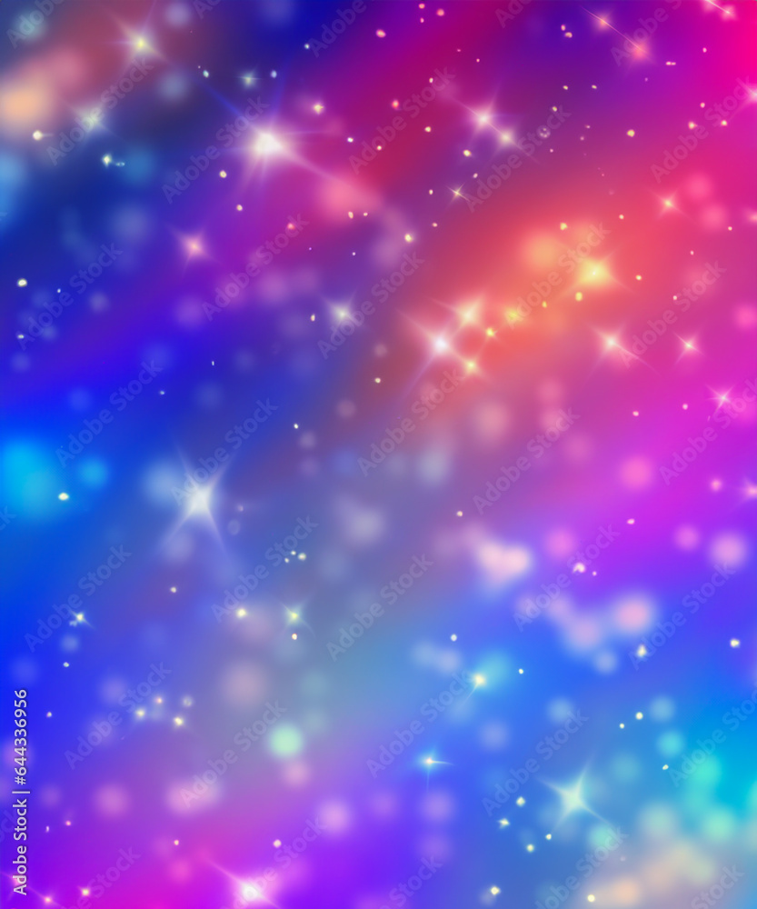 Fantasy background. Holographic illustration in pastel colors. Bright multicolored sky with stars and bokeh. Fantasy background. Holographic illustration in pastel colors. Bright multicolored sky with stars and bokeh.