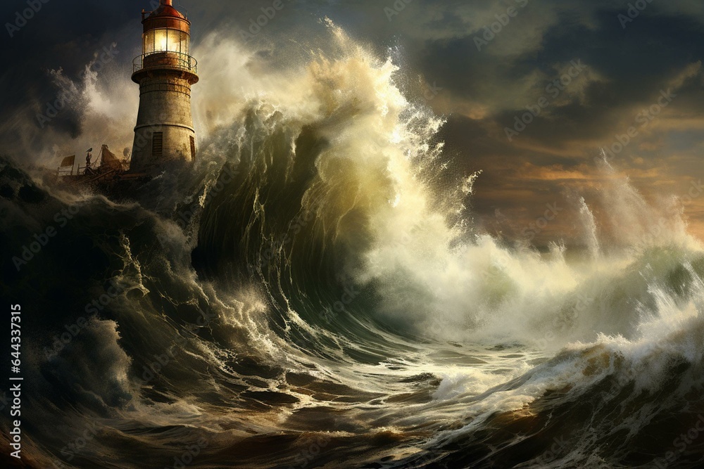 Lighthouse in turmoil as enormous wave crashes around it. Generative AI
