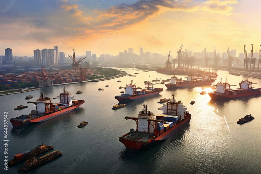 Numerous cargo vessels entering bustling Singapore port. Generative AI