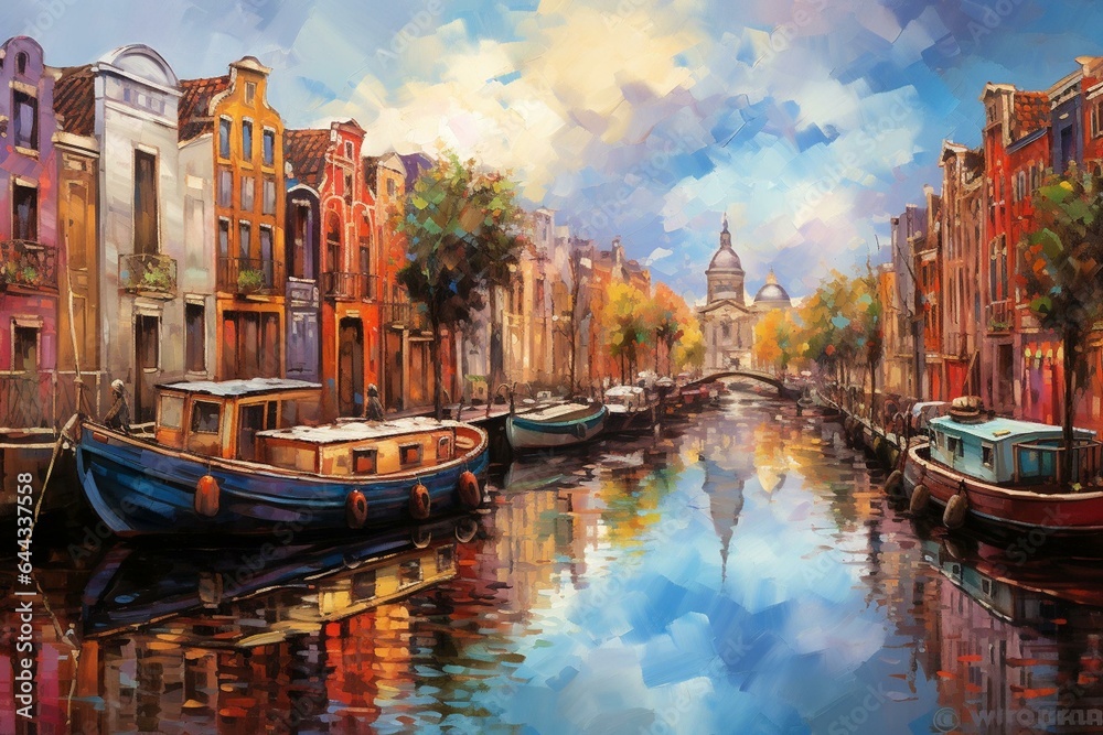 Vibrant oil painting of Venice and Amsterdam: boats, canals, and houses, reflecting an amalgamation of impressionism and expressionism styles. Generative AI