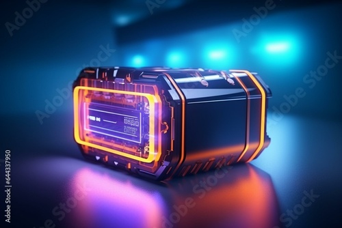 Futuristic energy storage with high-capacity rechargeable lithium-ion battery in a glowing power neon light. Future electric vehicle concept. Generative AI