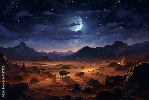 Nighttime desert scene with camels, caravan on sand dunes, and crescent moon in starry sky. Generative AI