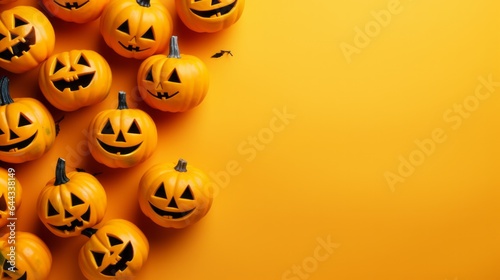 A collection of spooky jack-o'-lanterns with expressive faces on an orange background with copy space - created with Generative AI technology
