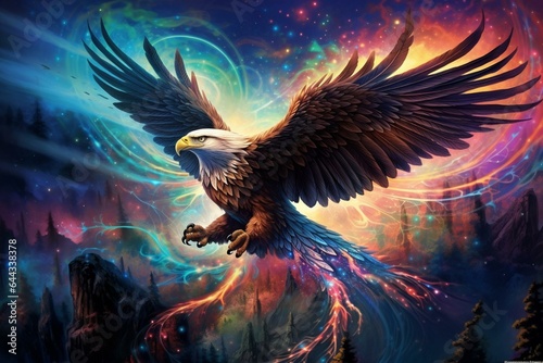 a vibrant glowing eagle in an artwork known as the awakener eagle. Generative AI