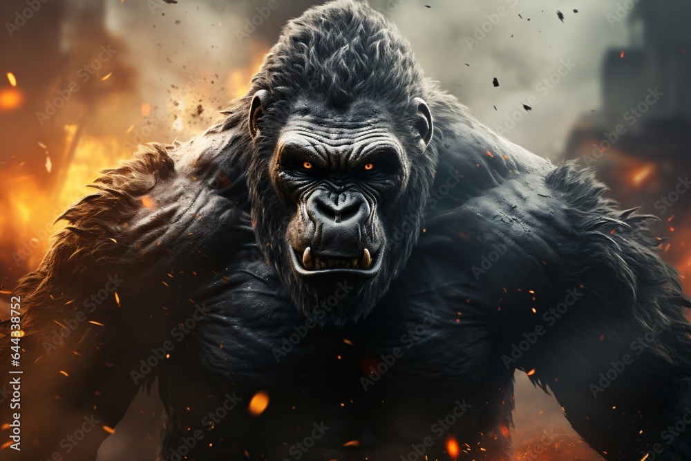 Angry gorilla in a dark forest with fire and smoke. 3d illustration.