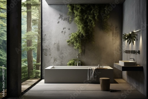 Minimalist bathroom with concrete and living wall, embodying modern brutalist design. Generative AI