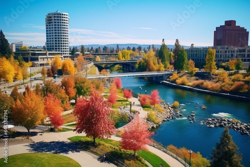 Scenic vista of urban Spokane, Washington with its downtown and Riverfront Park. Generative AI
