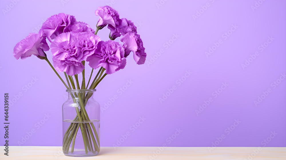 Purple carnation in glass vase with copy space. Purple carnation in glass vase with copy space.