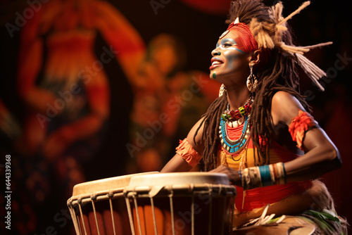 A native Asian woman drummer in costume playing drums during concert on stage, an Indigenous performer perform a culture music