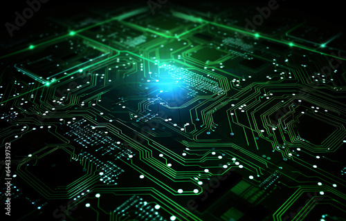 Circuit board and mesh line, Illustration high computer and Communication technology on green and blue color background, concept of high tech digital technology