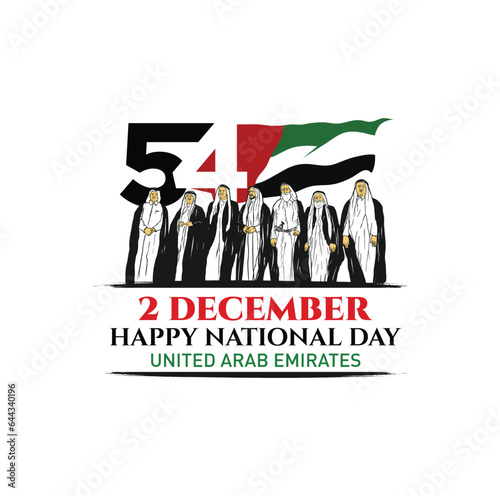 54 National Day of United Arab Emirates. Text Arabic Translation: Our National Day. December 2. UAE map symbol. Vector Logo. Eps 08. 