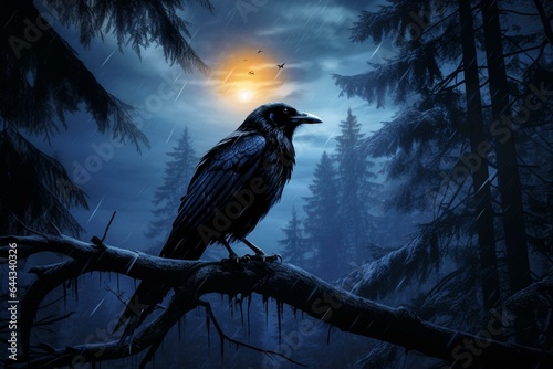 A crow appears from smoky darkness beneath a full moon within a forest. Generative AI