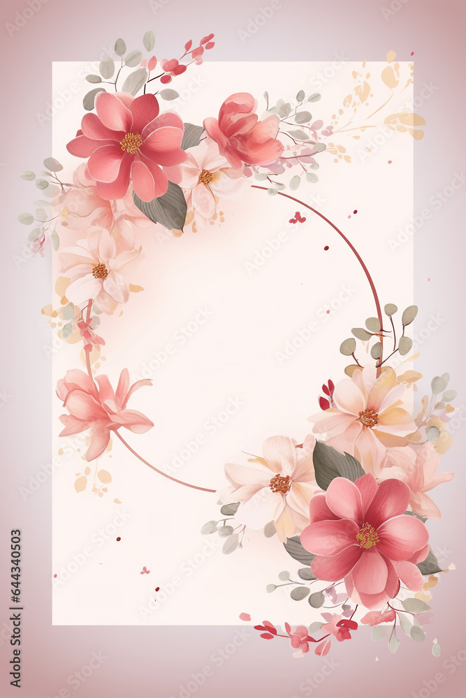 Fototapeta premium Colorful floral decoration illustration background template, creative arrangement of nature and flowers. Good for banner, wedding card invitation draft, greetings, and design element. Generative AI.