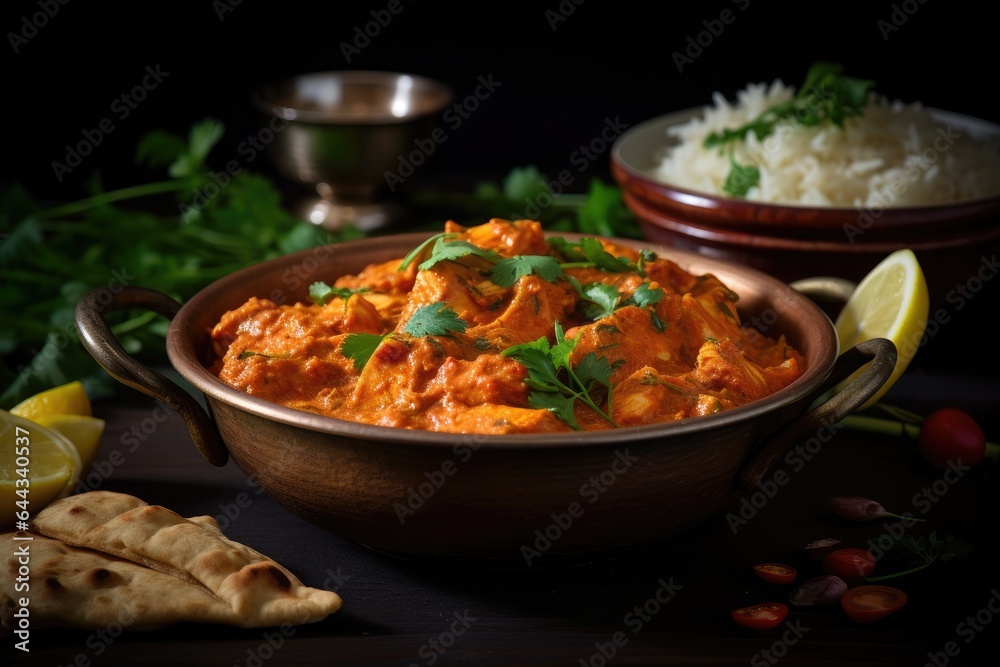 Chicken Tikka Masala with rice in bowl. Delicious Indian dish.