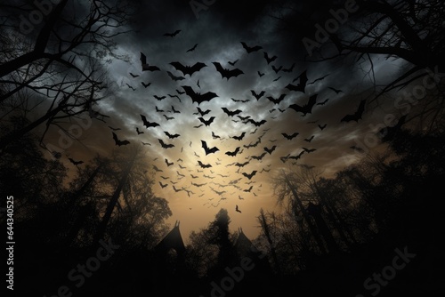 Bats flying under a full moon.