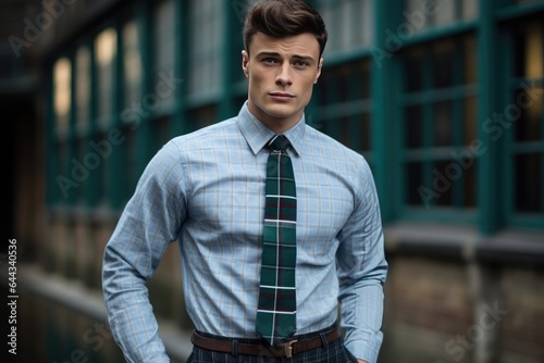 Handsome man in classic outfit. Checkered pattern fabric.