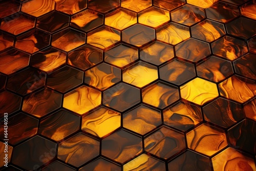 Cluster of gold and brown hexagon cells, background with 3D effect.