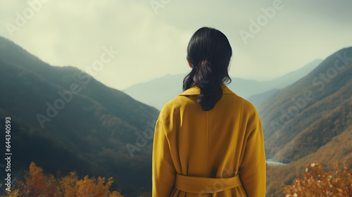 Back view woman wearing yellow coat enjoying the Autumn mountain view, woman in yellow jacket on nature autumn background