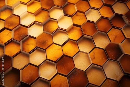 Cluster of gold and brown hexagon cells, background with 3D effect. © VisualWeave