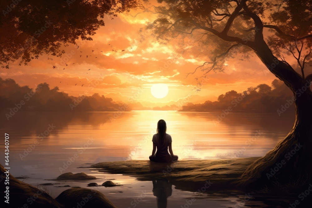 Lonely woman sits, looks at sunset on river bank. Meditation time.