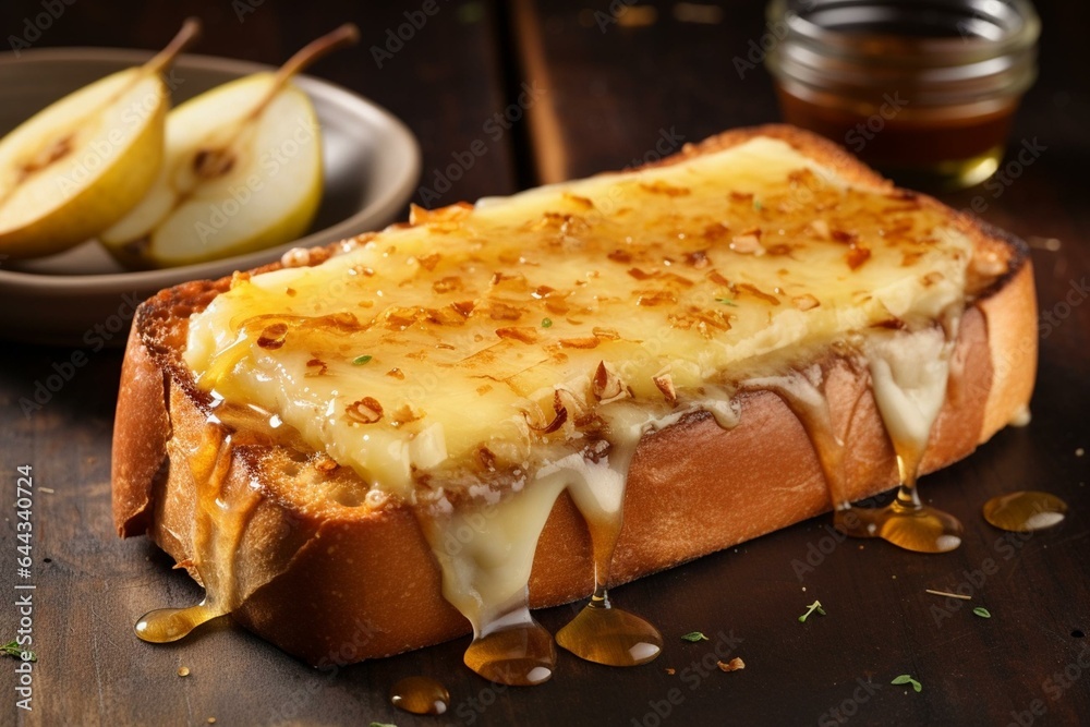 Pear and cheese toast drizzled with honey makes a mouthwatering breakfast or snack. Overview. Generative AI