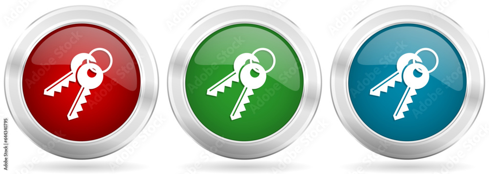 Keys vector icon set. Red, blue and green silver metallic web buttons with chrome border Keys vector icon set. Red, blue and green silver metallic web buttons with chrome border