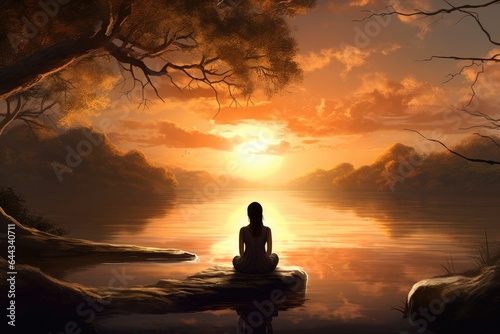 Lonely woman sits, looks at sunset on river bank. Meditation time.