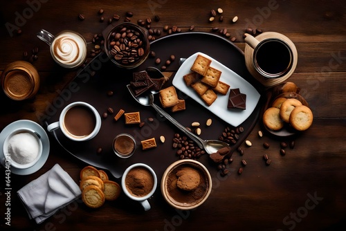 Sugar, chocolate, and biscuits on the coffee table in the morning. Fire from the above. photo