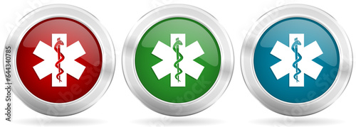 Emergency vector icon set. Red  blue and green silver metallic web buttons with chrome border