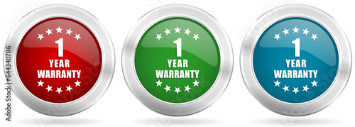 Warranty guarantee 1 year vector icon set. Red, blue and green silver metallic web buttons with chrome border