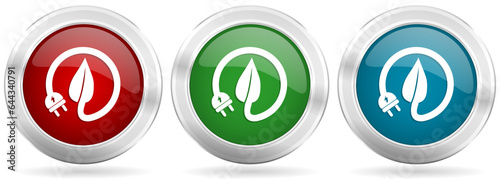 Eco electricity, leaf vector icon set. Red, blue and green silver metallic web buttons with chrome border