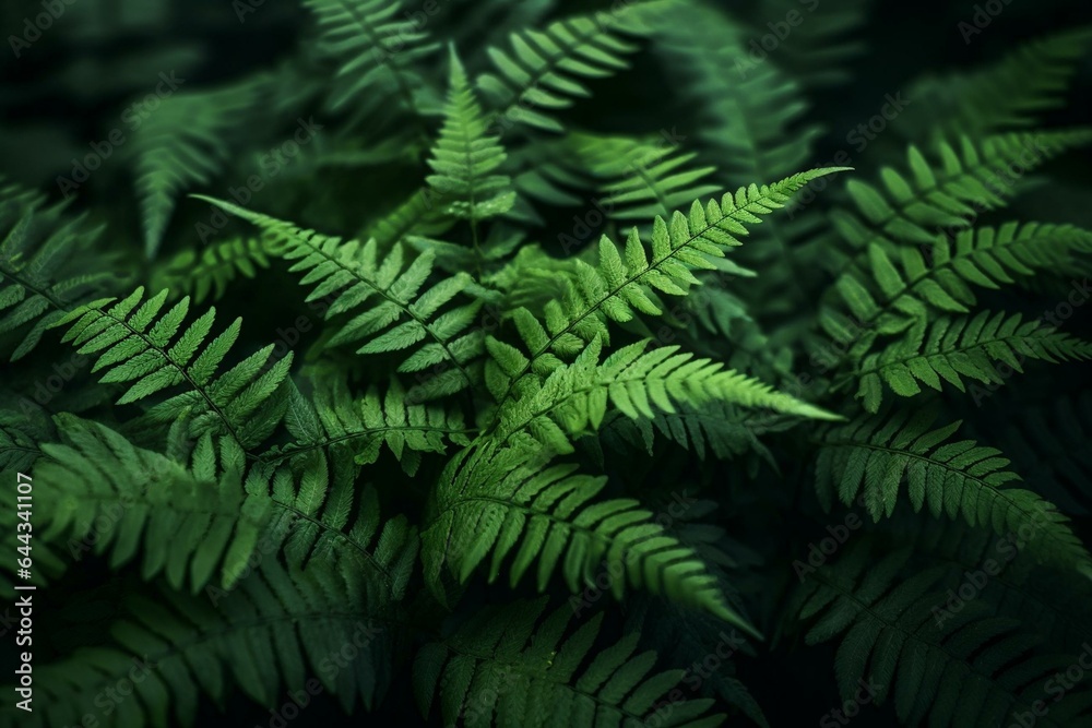 Macro view of lush emerald fern foliage against a shadowy backdrop. Generative AI