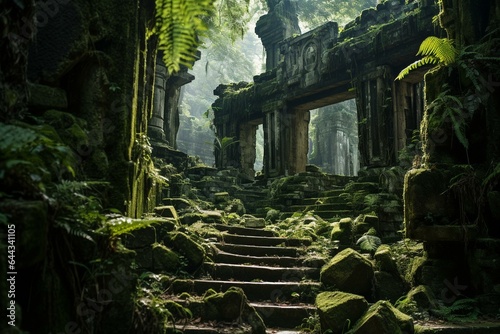 Deserted overgrown ruins of mystical ancient temples. Generative AI