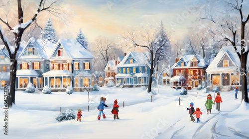 Illustration of snowy neighborhood with people