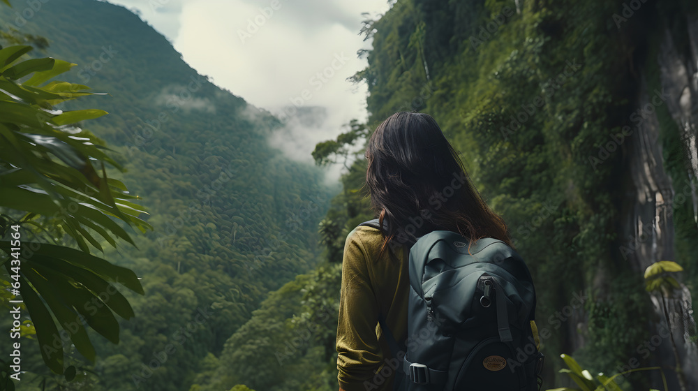Adventure young woman travelers exploring amazing hidden waterfall in forest, Traveling along mountains and rain forest