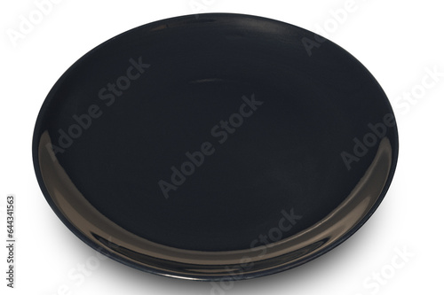 Empty black circle ceramics plate isolated on white background.
