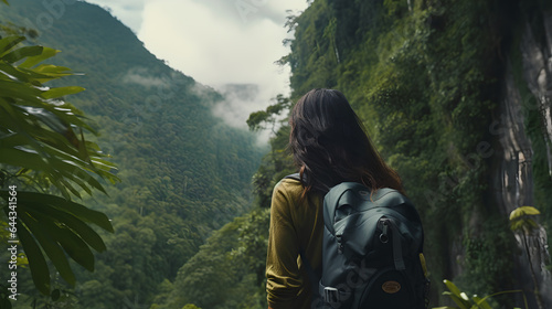 Adventure young woman travelers exploring amazing hidden waterfall in forest, Traveling along mountains and rain forest