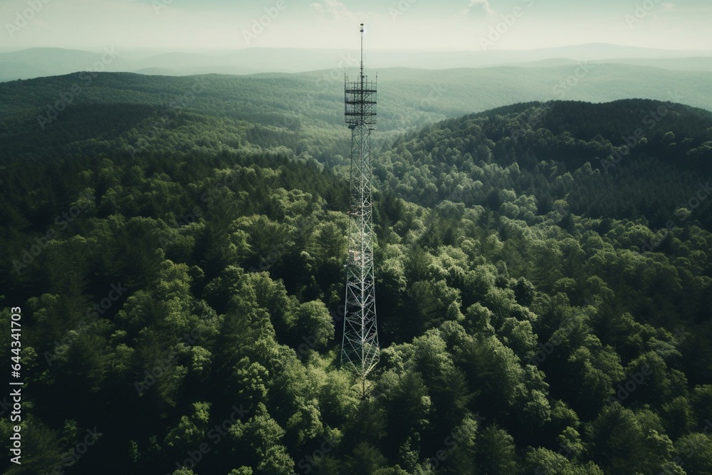 Bird's eye view of cell tower in forested West Virginia area denoting internet deficiency. Generative AI