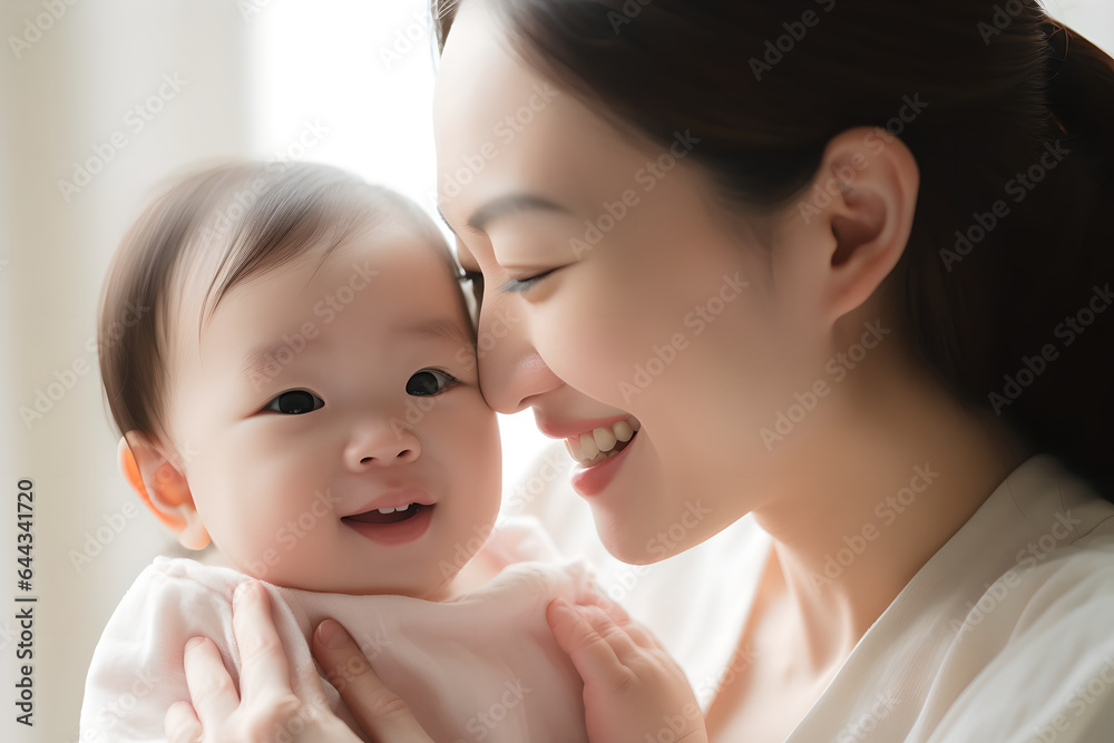 Happy young asian mother holding and Touching Noses with her Baby, She is feeling happy to stay with her child Happy young asian mother holding and Touching Noses with her Baby, She is feeling happy to stay with her child