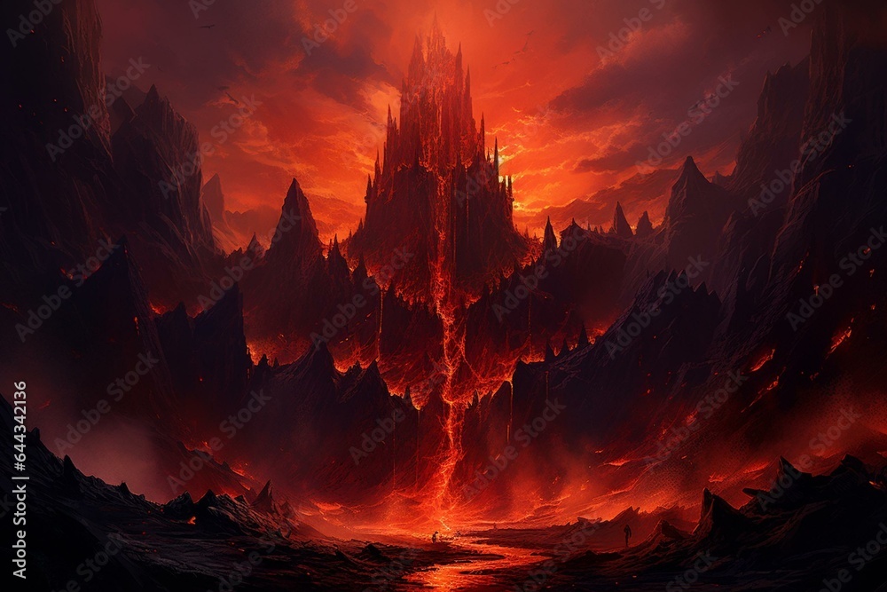 Breathtaking tall mountain and jagged cliff with fiery molten stream. Generative AI